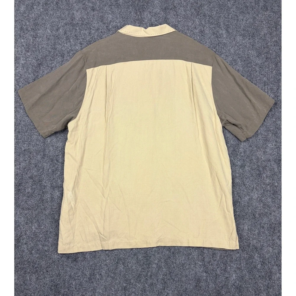 Nat Nast Luxury Originals 100% Silk Short Sleeve Bowling Shirt Tan Brown Mens L